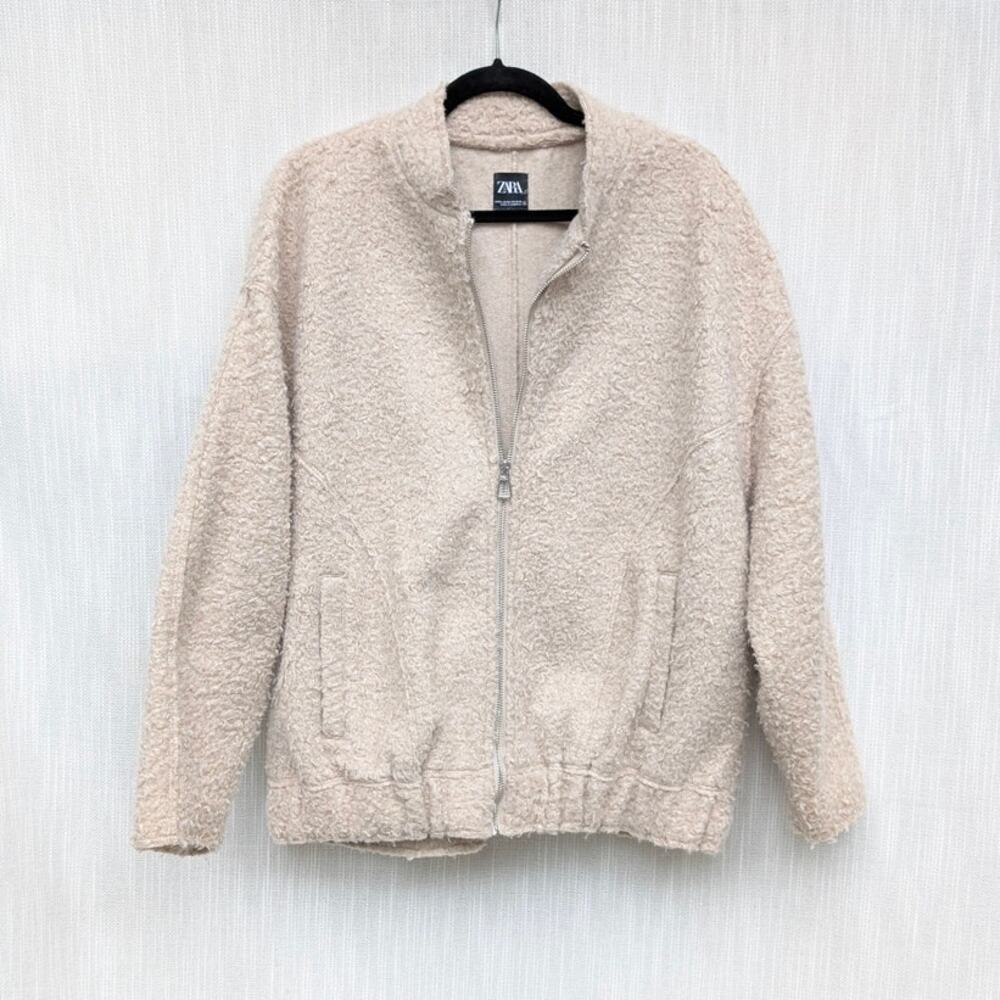 Zara Oversized Boucle Bomber Full Zip Long Sleeve Jacket, size M-L